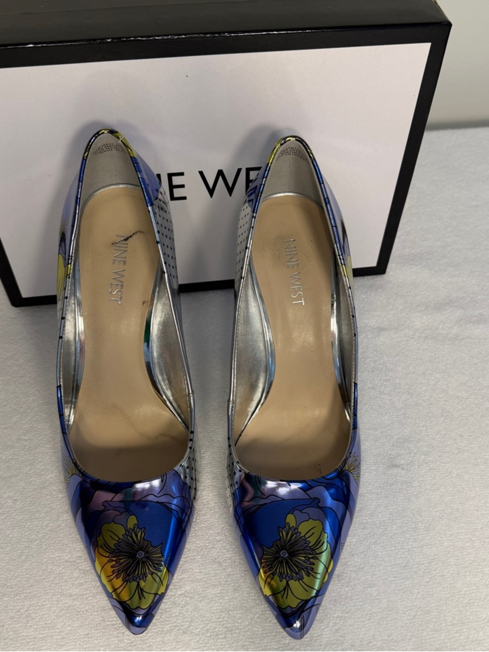 Nine West Metallic Floral Pumps Blue Purple Pointed Toe Stiletto Heels Size 8.5 - Picture 3 of 6